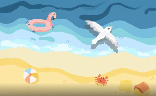 An illustration of a sandy beach scene on a summers day