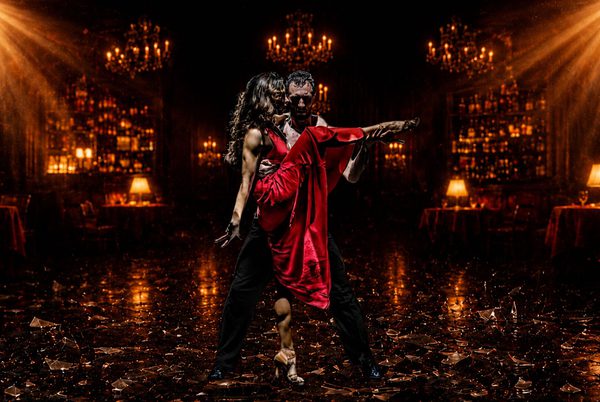 Two ballroom dancers on an intimately lit stage.