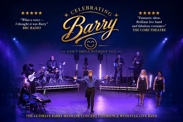 Text that reads 'Celebrating Barry'. A Barry Manilow tribute performing on a stage.