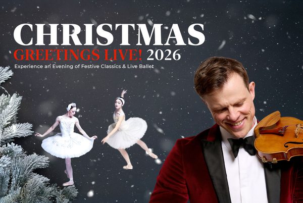 A person holding a violin and two ballet dancers surrounded by snowflakes.