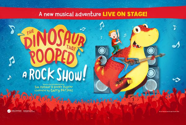 Text that reads 'The Dinosaur that pooped a Rock Show'. An illustration of a dinosaur playing a guitar.