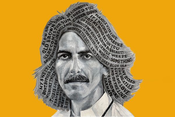 An illustration of George Harrison on a yellow background