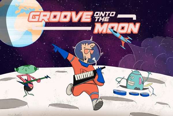 An illustration of an astronaut, an alien and a robot playing musical instruments on the moon.