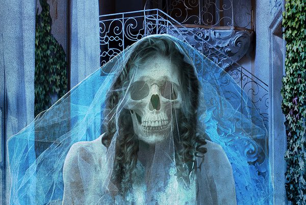 A spooky skeleton wearing a bride's wedding dress.