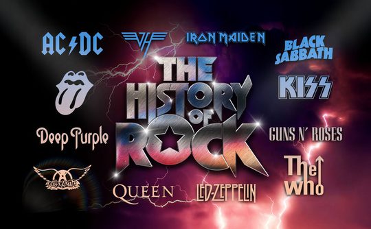 Text that reads 'The History of Rock'. A background of lightning.