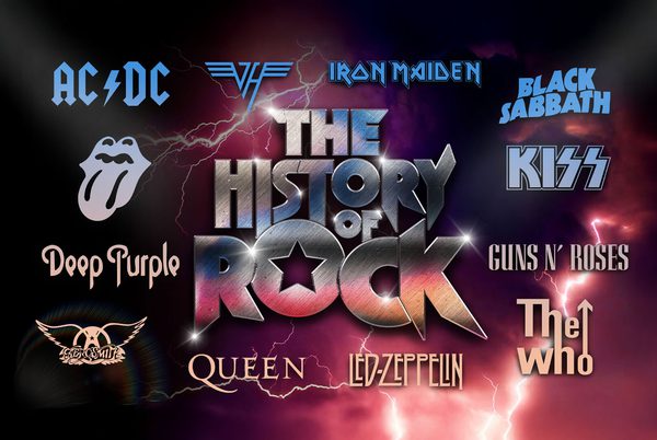 Text that reads 'The History of Rock'. A background of lightning.