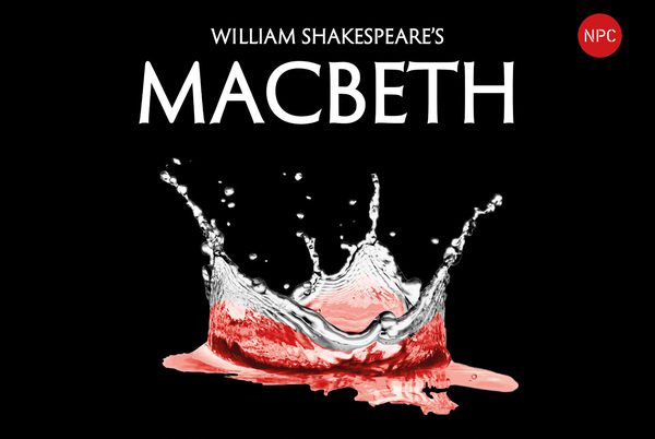Text that reads 'William Shakespeare's Macbeth'. A illustration of a splash of water mixed with blood. The splash appears to form the shape of a crown.