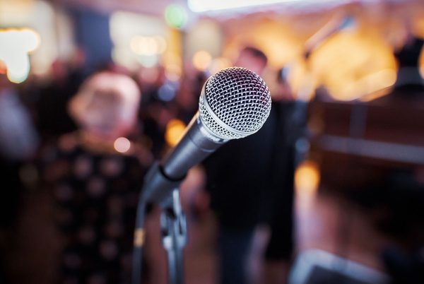 A microphone on a stand.