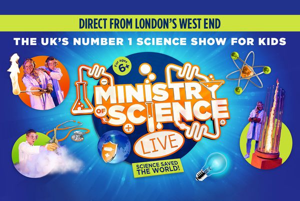 Text that reads 'Ministry of Science Live: Science Saved the World' with science experiment illustrations.