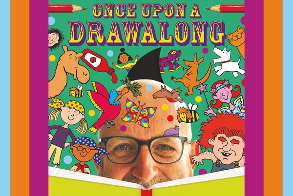 Nick Sharratt surrounded by colourful character illustrations