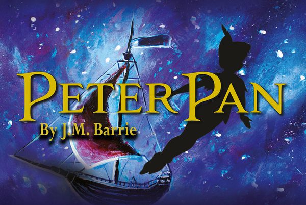 Text that reads 'Peter Pan by J.M. Barrie. A silhouette of a person flying and a pirate ship are in the background.