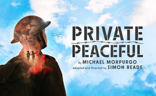 Text that reads 'Private Peaceful by Michael Morpurgo. Adapted and directed by Simon Reade. A silhouette of a solider looking up towards a blue sky.