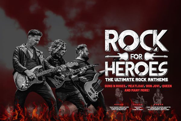 Text that reads 'Rock For Heroes'. Three people playing guitars side by side.