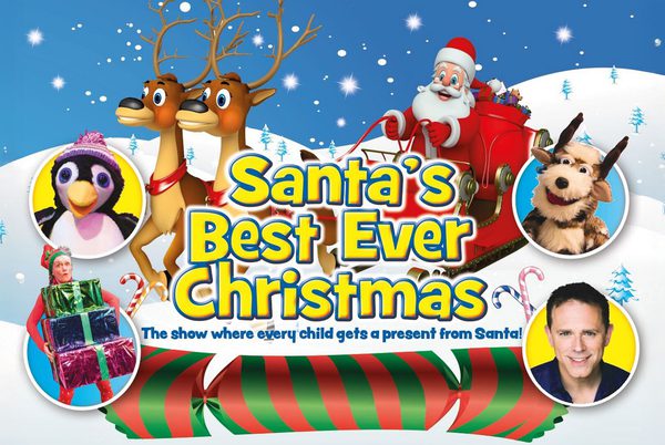 A cartoon illustration of Santa and his reindeer sleigh.