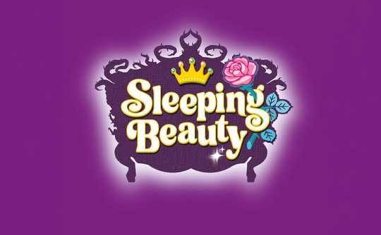 Text that reads 'Sleeping Beauty'. An illustration of a rose and a crown on a thorny background.
