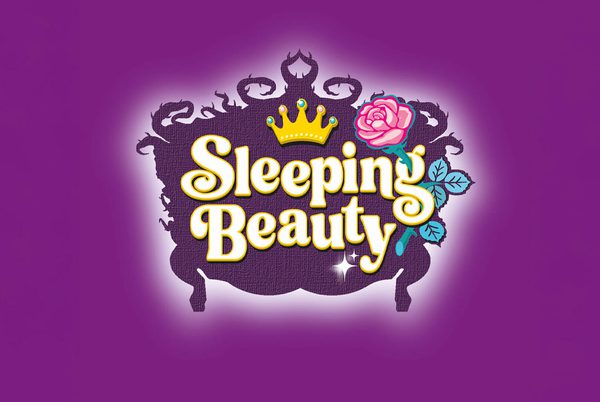 Text that reads 'Sleeping Beauty'. An illustration of a rose and a crown on a thorny background.