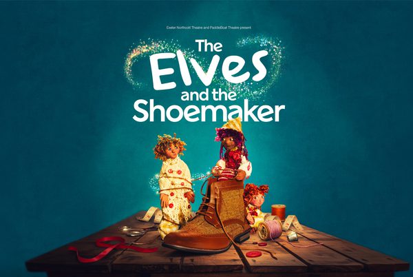 Illustration of elves on a table with a shoe.