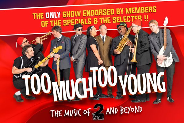 A ska tribute band standing in a line and holding musical instruments.