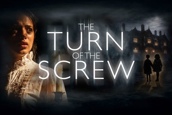 The Turn of the Screw title with a woman and house in dim light.