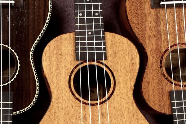 A close-up of three ukuleles.