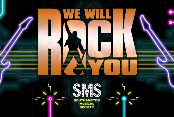 Text that reads 'We Will Rock You'. Neon outlines of electric guitars.