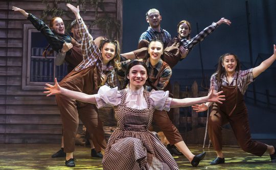 A group of panto performers posing on stage with their arms out.