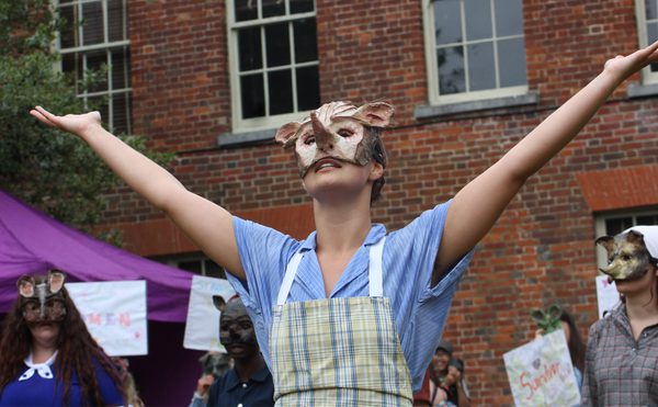 A performer wearing a mask performing with their arms up in the air.