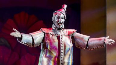 A panto performer dressed at the Tin Man from The Wizard of Oz.